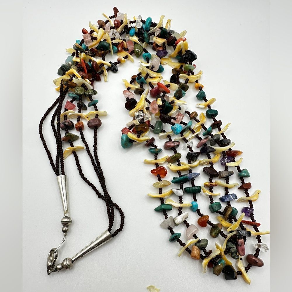 34" Zuni-style fetish, 3-strand, multi-chip stone and seed bead necklace!